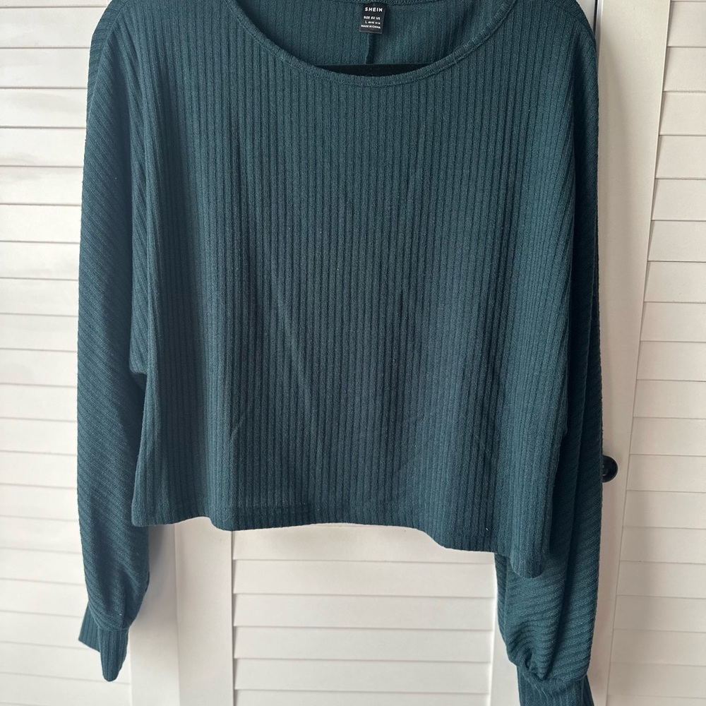 SHEIN Green Ribbed Relaxed Hoodie